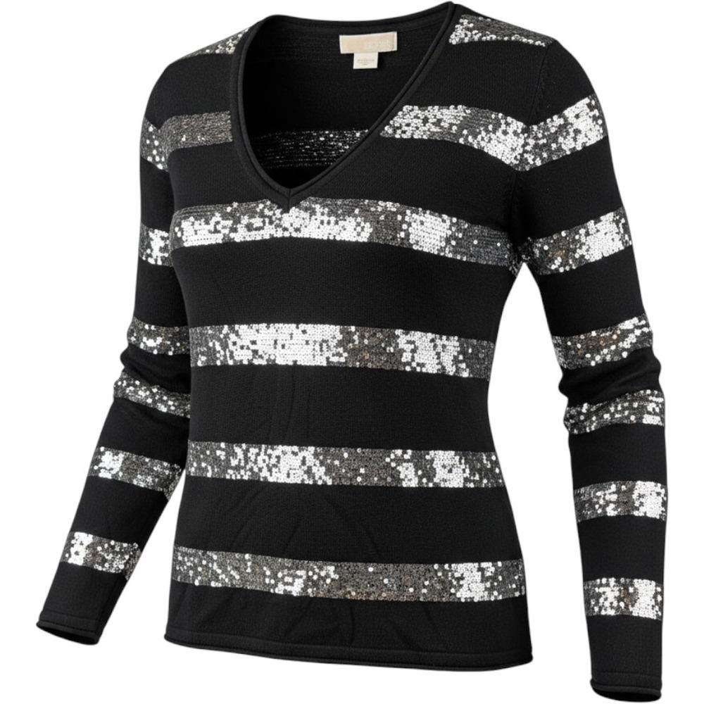 Michael Kors Hollywood Nights Sequin Stripe V-Neck Sweater Black Silver Large